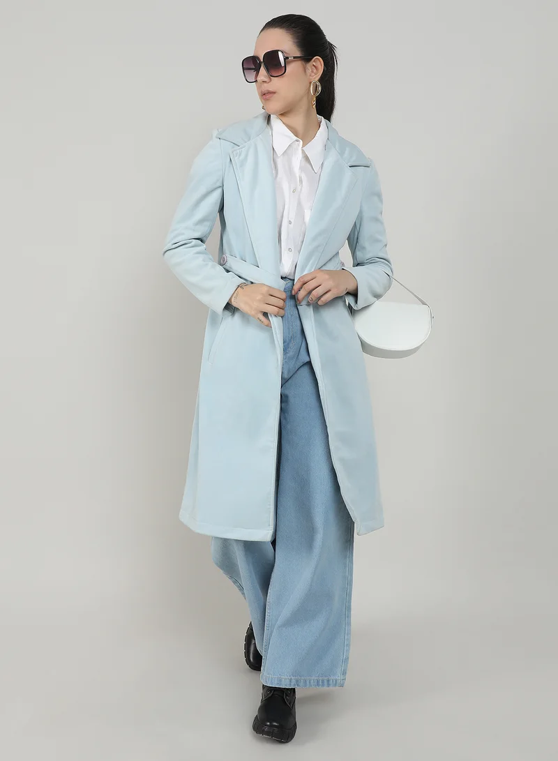 كامبوس سوترا Women's Baby Blue Belted Long Coat For Casual Wear | Lapel Collar | Long Sleeve | Button Closure | Long Coat Crafted With Comfort Fit For Everyday Wear